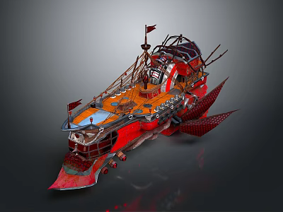 Futuristic Red Fantasy Ship with Orange Deck Mechanical Structures Spiked Sides and Flags 3d model