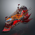 Futuristic Red Fantasy Ship with Orange Deck Mechanical Structures Spiked Sides and Flags 3d model