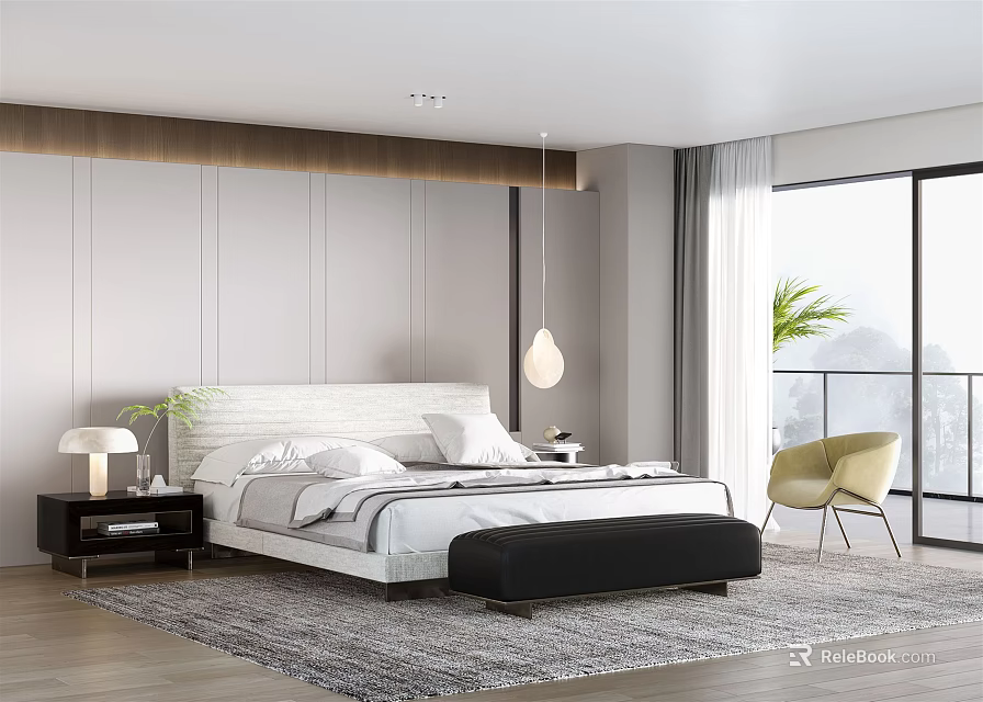 Modern Bedroom Interior Design With White Headboard Gray Rug And Yellow Accent Chair 3d model 