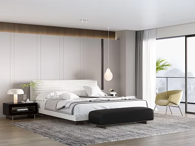 Modern Bedroom Interior Design With White Headboard Gray Rug And Yellow Accent Chair 3d model