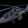 Military Attack Helicopter Flying in Clear Blue Sky with Rotor Blades and Armaments
