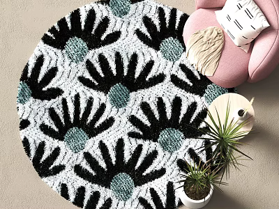 Round Rug with Black and White Floral Pattern Teal Accents Pink Armchair in Cozy Corner 3d model