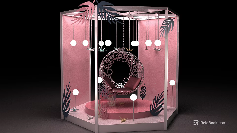 Stylish Display Case Interior With Pink Background Circular Chair Hanging Lights And Plant Ornaments 3d model 
