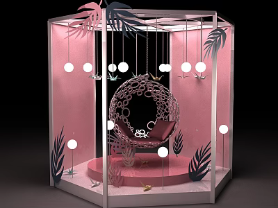 Stylish Display Case Interior With Pink Background Circular Chair Hanging Lights And Plant Ornaments 3d model