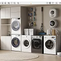 Multiple Front Loading Washing Machines In Modern Laundry Room With Cabinets Shelves And Cleaning Supplies