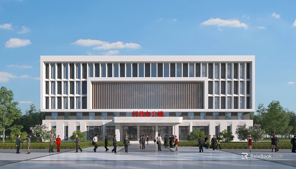 Modern Office Building With Glass Facade And People Walking In Front Plaza 3d model 