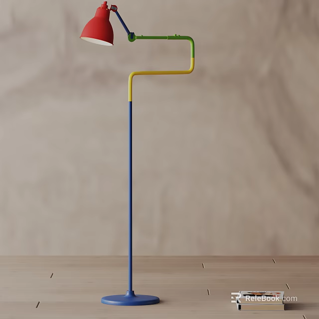 Modern Curved Floor Lamp with Blue Yellow Pole and Red Lampshade Design 3d model 
