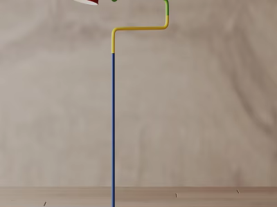 Modern Curved Floor Lamp with Blue Yellow Pole and Red Lampshade Design 3d model