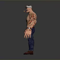 Muscular Shirtless 3D Character With Bald Head Cap Arm Tattoos Blue Jeans And Brown Boots