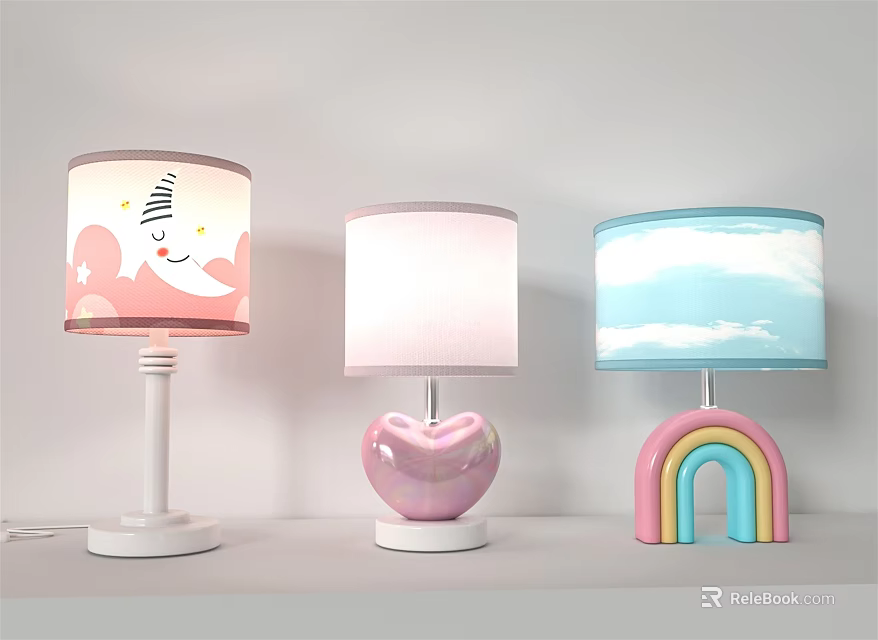 Cute Kids Room Table Lamps With Heart Rainbow Bases And Whale Star Cloud Patterns 3d model 