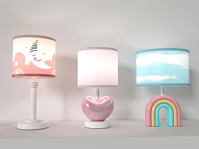 Cute Kids Room Table Lamps With Heart Rainbow Bases And Whale Star Cloud Patterns 3d model