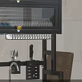 Modern Kitchen Storage Shelf With Spice Bottles Bread And Utensil Hooks Above Sink