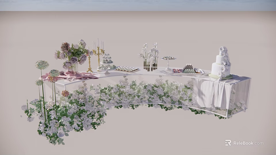 Elegant Dining Table Decorated With Flower Arrangements Candles Wedding Cake And Desserts 3d model 