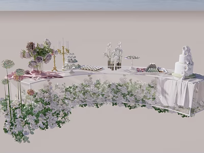 Elegant Dining Table Decorated With Flower Arrangements Candles Wedding Cake And Desserts 3d model