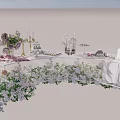 Elegant Dining Table Decorated With Flower Arrangements Candles Wedding Cake And Desserts
