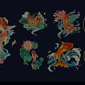 Colorful Traditional Koi Fish Wall Decor with Lotus Wave and Circular Patterns