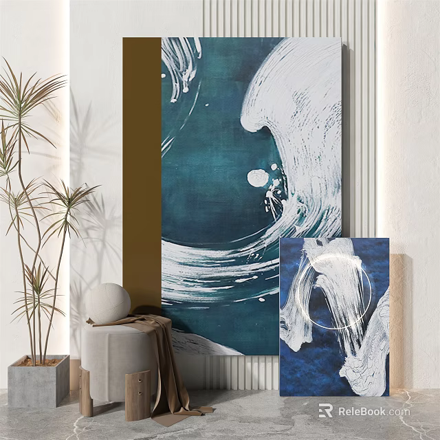 Abstract Blue Wave Artwork In Modern Interior With Plant And Ornament 3d model 