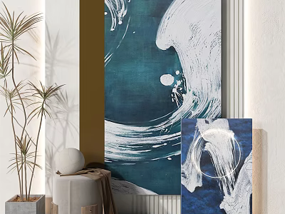 Abstract Blue Wave Artwork In Modern Interior With Plant And Ornament 3d model