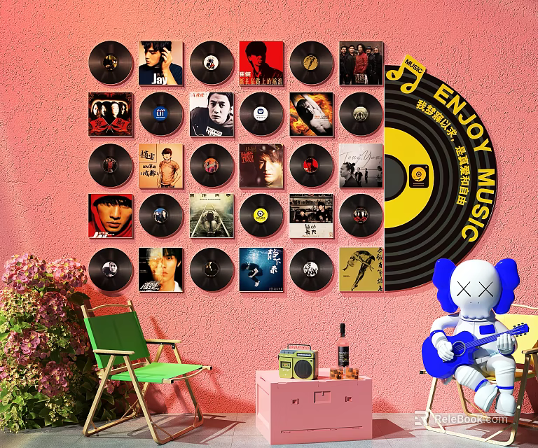 Pink Wall Photo Spot Featuring Vinyl Records Enjoy Music Decor Vintage Radio And Kaws Doll 3d model 
