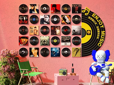 Pink Wall Photo Spot Featuring Vinyl Records Enjoy Music Decor Vintage Radio And Kaws Doll 3d model