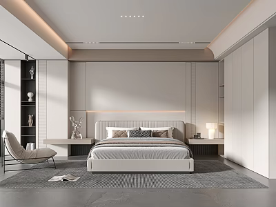 Modern Bedroom Interior Design With Recessed Lighting Bed Accent Chair And Built In Wardrobe 3d model