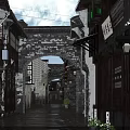 Ancient Architecture Street Scene With Stone Archway Wooden Buildings And Traditional Lanterns