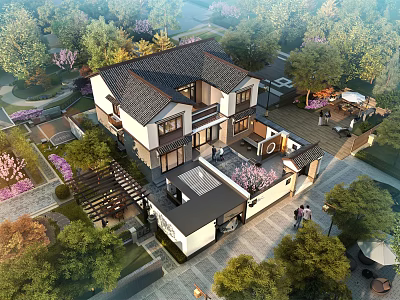 Traditional Chinese Style Detached Villa Surrounded by Lush Greenery with Courtyard and Terrace 3d model