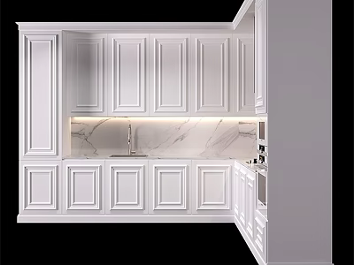 Modern White Kitchen Interior Design With Cabinets Marble Countertop Sink And Stove 3d model