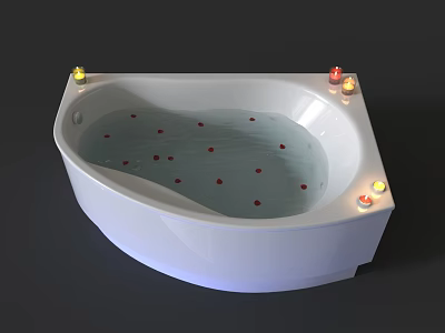 White Bathtub With Water Red Petals And Lit Yellow Red Candles On Edge 3d model