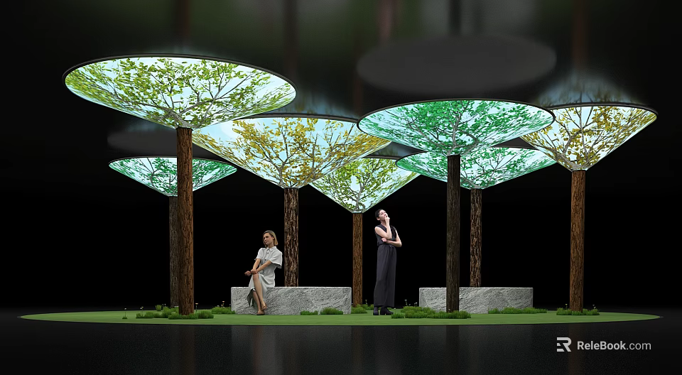 Art Installation With Tree Like Green Canopy Trunk And Benches For People 3d model 