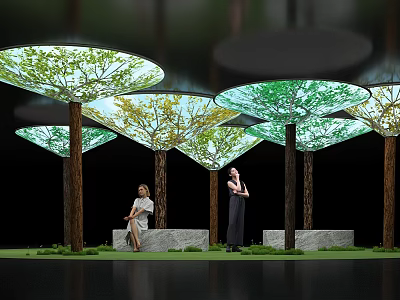 Art Installation With Tree Like Green Canopy Trunk And Benches For People 3d model