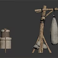Handmade Wooden Storage Tools With Hanging Bags And Round Objects On Stands
