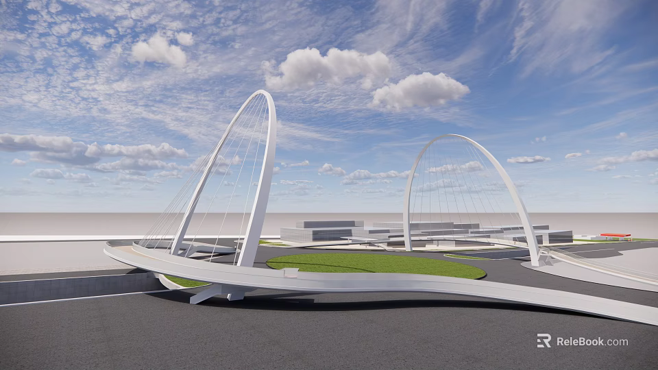 Modern Arch Bridge Design With White Structure Green Grass And Blue Sky 3d model