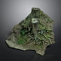 Natural Tree Stump Scene With Exposed Roots And Green Moss Textured Base