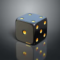 3D Shiny Black Dice With Yellow Dots On Reflective Surface
