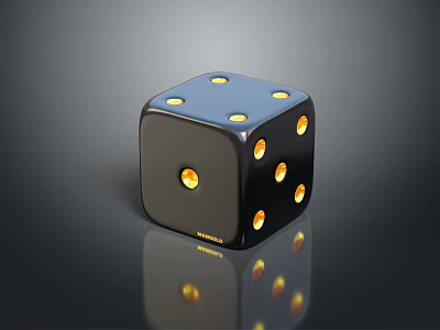 3D Shiny Black Dice With Yellow Dots On Reflective Surface 3d model
