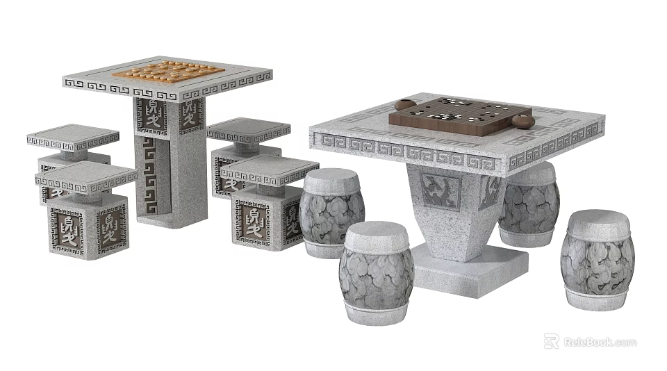 Outdoor Stone Table with Carved Design Drum Stools and Chessboard Top Surface 3d model