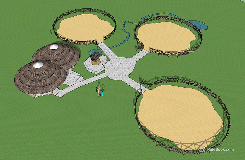 Green Landscape Design With Circular Sand Pits Woven Fences And Thatched Roof Structures 3d model 