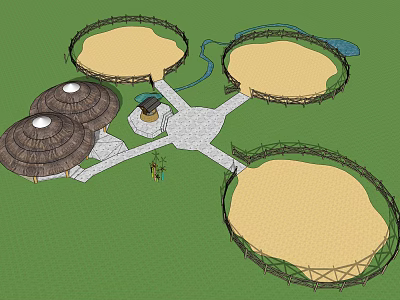 Green Landscape Design With Circular Sand Pits Woven Fences And Thatched Roof Structures 3d model