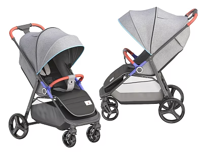 Two Gray Black Baby Strollers With Red Blue Accents And Canopy Design 3d model