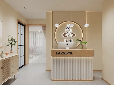Modern Fitness Bar Interior Design With Circular Lights And Plants 3d model