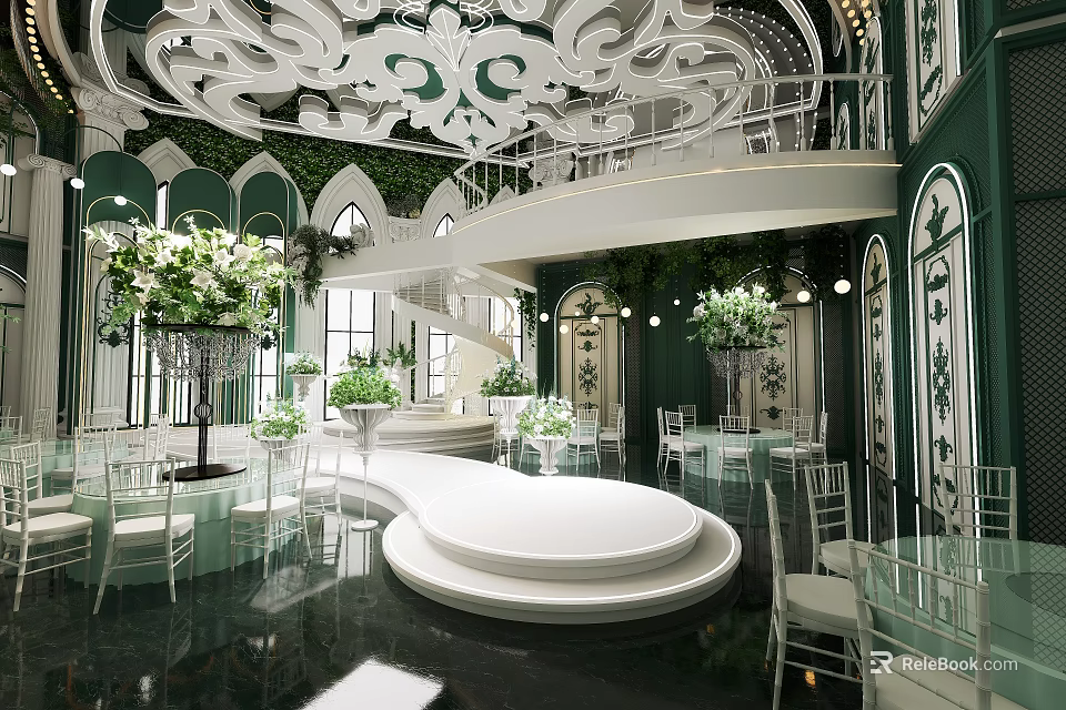 Elegant Banquet Hall With Ornate Ceiling Spiral Staircase Round Platform And Clear Chairs 3d model 