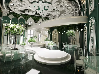 Elegant Banquet Hall With Ornate Ceiling Spiral Staircase Round Platform And Clear Chairs 3d model
