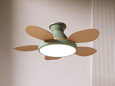 Modern Ceiling Fan Light With Green Base Wooden Blades And White Light For Interior 3d model