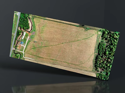 Aerial View of Farmland Area With Green Trees Road and Buildings 3d model