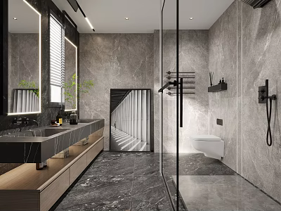 Modern Bathroom Interior Design With Marble Walls Glass Shower Door Vanity And Large Mirror 3d model
