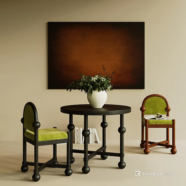 Round Table With Two Green Cushioned Chairs White Vase Green Plants Dark Brown Painting Background 3d model 