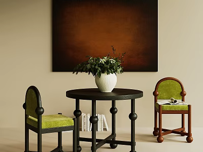 Round Table With Two Green Cushioned Chairs White Vase Green Plants Dark Brown Painting Background 3d model