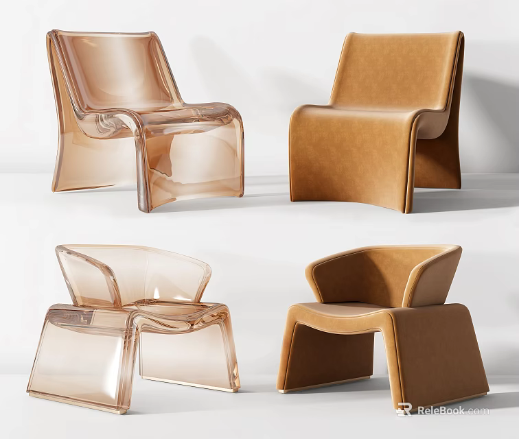 Modern Minimalist Accent Chairs Featuring Transparent Acrylic And Brown Leather Design 3d model 