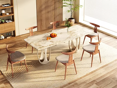 Modern Dining Table Set with Marble Top and Wooden Chairs in Living Room 3d model